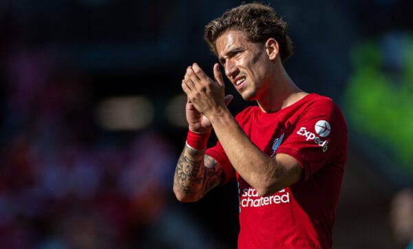 LIVERPOOL, ENGLAND - Saturday, August 27, 2022: Kostas Tsimikas applauds the supporters after the FA Premier League match between Liverpool FC and AFC Bournemouth at Anfield. Liverpool won 9-0. (Pic by David Rawcliffe/Propaganda)