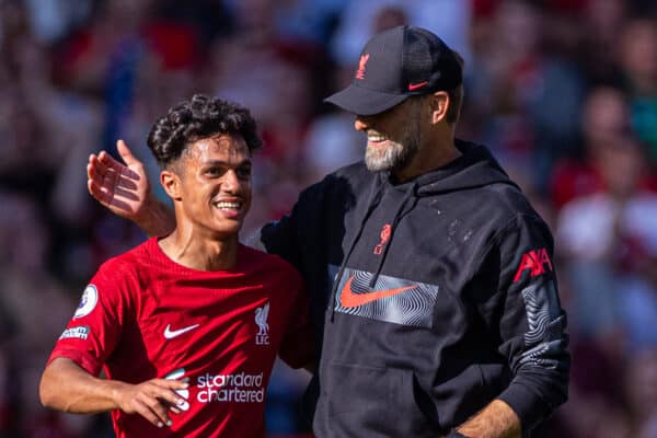 LIVERPOOL, ENGLAND - Saturday, August 27, 2022: Liverpool's manager Jürgen Klopp (R) embraces Fabio Carvalho after the FA Premier League match between Liverpool FC and AFC Bournemouth at Anfield. Liverpool won 9-0. (Pic by David Rawcliffe/Propaganda)