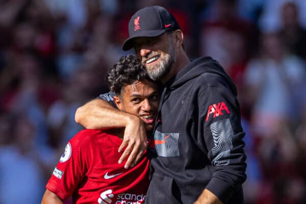 LIVERPOOL, ENGLAND - Saturday, August 27, 2022: Liverpool's manager Jürgen Klopp (R) embraces Fabio Carvalho after the FA Premier League match between Liverpool FC and AFC Bournemouth at Anfield. Liverpool won 9-0. (Pic by David Rawcliffe/Propaganda)