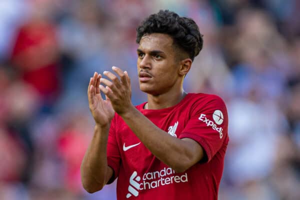 LIVERPOOL, ENGLAND - Saturday, August 27, 2022: Liverpool's Fabio Carvalho applauds the supporters after the FA Premier League match between Liverpool FC and AFC Bournemouth at Anfield. Liverpool won 9-0. (Pic by David Rawcliffe/Propaganda)