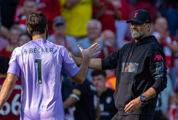 LIVERPOOL, ENGLAND - Saturday, August 27, 2022: Liverpool's manager Jürgen Klopp (R) and goalkeeper Alisson Becker after the FA Premier League match between Liverpool FC and AFC Bournemouth at Anfield. Liverpool won 9-0. (Pic by David Rawcliffe/Propaganda)