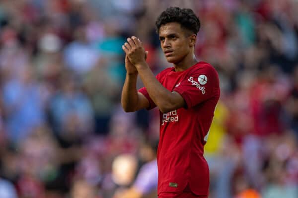 LIVERPOOL, ENGLAND - Saturday, August 27, 2022: Liverpool's Fabio Carvalho applauds the supporters after the FA Premier League match between Liverpool FC and AFC Bournemouth at Anfield. Liverpool won 9-0. (Pic by David Rawcliffe/Propaganda)