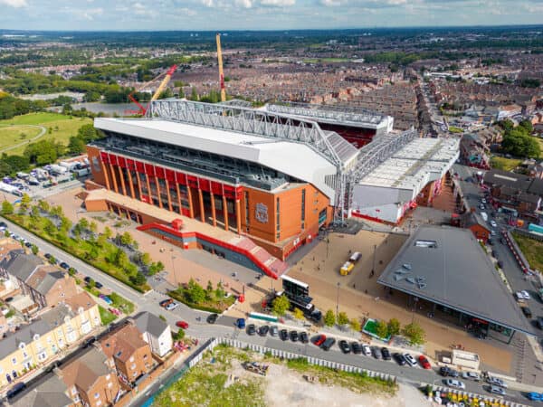 LIVERPOOL, ENGLAND - Wednesday, August 31, 2022: A general view of Anfield showing the on-going construction of the new upper tier of the Anfield Road stand pictured before the FA Premier League match between Liverpool FC and Newcastle United FC at Anfield. Liverpool won 2-1.(Pic by David Rawcliffe/Propaganda)