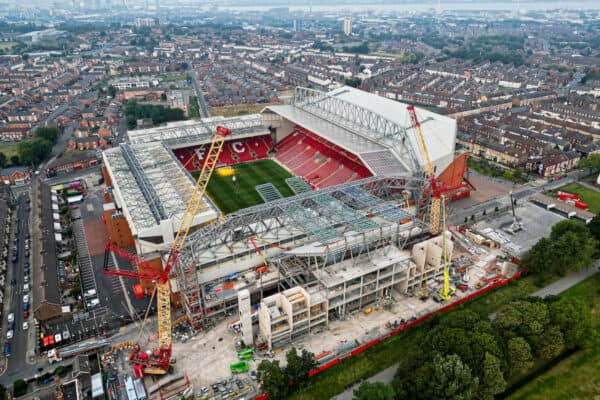 LIVERPOOL, ENGLAND - Saturday, September 3, 2022: Construction continues on the new upper tier to the Anfield Road stand at Anfield, home of Liverpool FC. (Pic by David Rawcliffe/Propaganda)