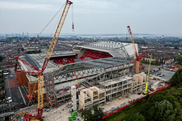 LIVERPOOL, ENGLAND - Saturday, September 3, 2022: Construction continues on the new upper tier to the Anfield Road stand at Anfield, home of Liverpool FC. (Pic by David Rawcliffe/Propaganda)