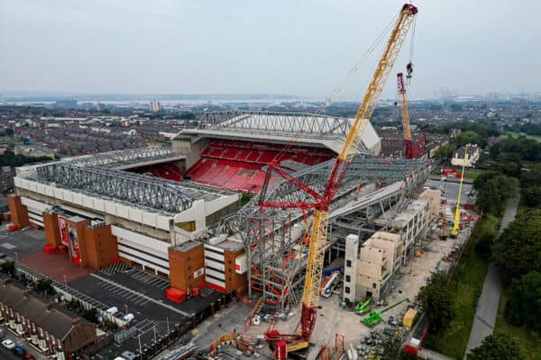 LIVERPOOL, ENGLAND - Saturday, September 3, 2022: Construction continues on the new upper tier to the Anfield Road stand at Anfield, home of Liverpool FC. (Pic by David Rawcliffe/Propaganda)