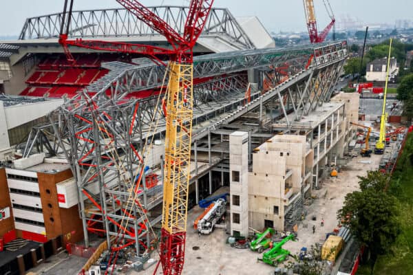 LIVERPOOL, ENGLAND - Saturday, September 3, 2022: Construction continues on the new upper tier to the Anfield Road stand at Anfield, home of Liverpool FC. (Pic by David Rawcliffe/Propaganda)