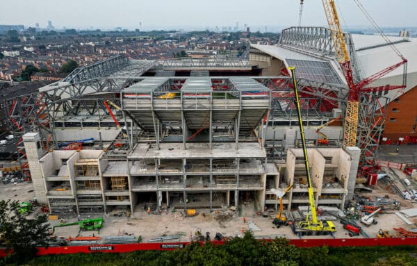 LIVERPOOL, ENGLAND - Saturday, September 3, 2022: Construction continues on the new upper tier to the Anfield Road stand at Anfield, home of Liverpool FC. (Pic by David Rawcliffe/Propaganda)