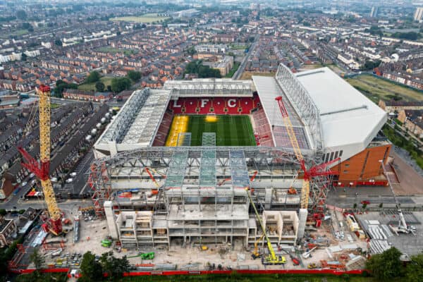 LIVERPOOL, ENGLAND - Saturday, September 3, 2022: Construction continues on the new upper tier to the Anfield Road stand at Anfield, home of Liverpool FC. (Pic by David Rawcliffe/Propaganda)