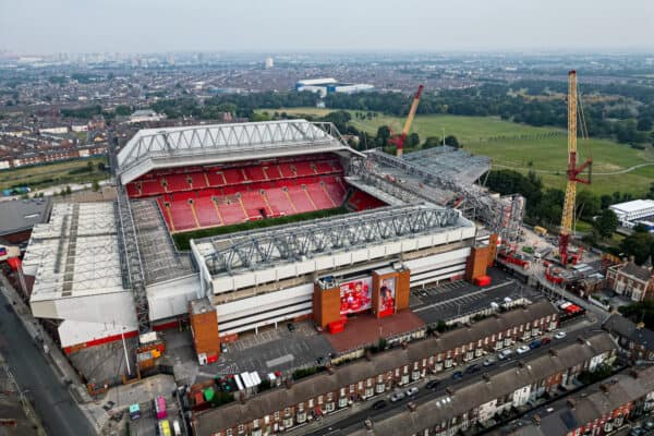 LIVERPOOL, ENGLAND - Saturday, September 3, 2022: Construction continues on the new upper tier to the Anfield Road stand at Anfield, home of Liverpool FC. (Pic by David Rawcliffe/Propaganda)