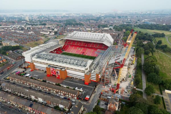 LIVERPOOL, ENGLAND - Saturday, September 3, 2022: Construction continues on the new upper tier to the Anfield Road stand at Anfield, home of Liverpool FC. (Pic by David Rawcliffe/Propaganda)