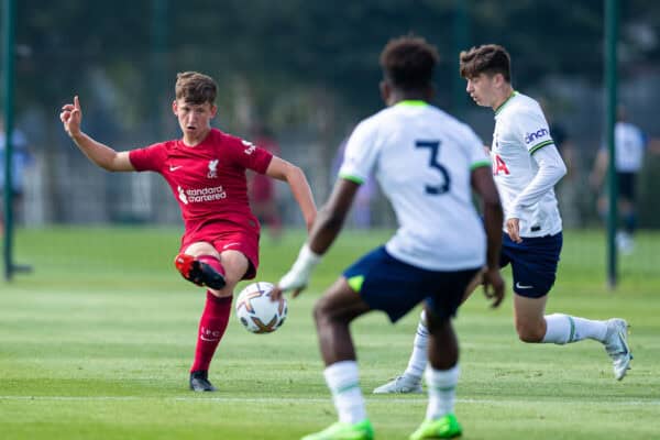 KIRKBY, ENGLAND - Saturday, September 3, 2022: Liverpool's Niall Osborne passes the ball during the Under-18 Premier League Cup match between Liverpool FC Under-18's and Tottenham Hotspur FC Under-18's at the Liverpool Academy. (Pic by Jessica Hornby/Propaganda)