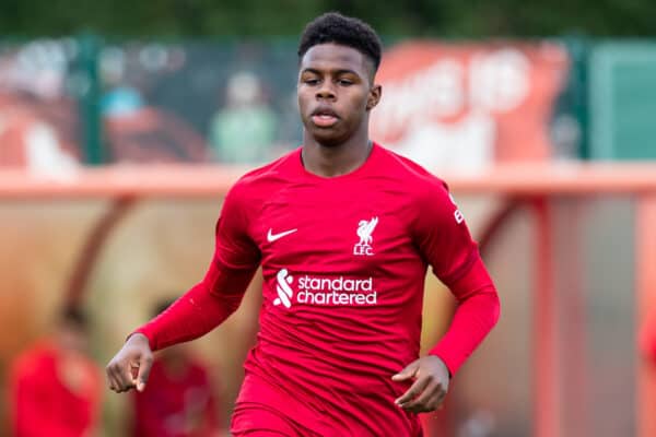 KIRKBY, ENGLAND - Saturday, September 3, 2022: Liverpool's Keyrol Figueroa during the Under-18 Premier League Cup match between Liverpool FC Under-18's and Tottenham Hotspur FC Under-18's at the Liverpool Academy. (Pic by Jessica Hornby/Propaganda)