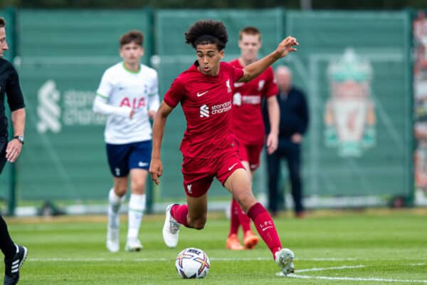 KIRKBY, ENGLAND - Saturday, September 3, 2022: Liverpool's Jayden Danns during the Under-18 Premier League Cup match between Liverpool FC Under-18's and Tottenham Hotspur FC Under-18's at the Liverpool Academy. (Pic by Jessica Hornby/Propaganda)