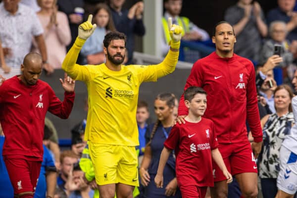 LIVERPOOL, ENGLAND - Saturday, September 3, 2022: Liverpool's Virgil van Dijk (R) and goalkeeper Alisson Becker (L) walk out before the FA Premier League match between Everton FC and Liverpool FC, the 241st Merseyside Derby, at Goodison Park. (Pic by David Rawcliffe/Propaganda)