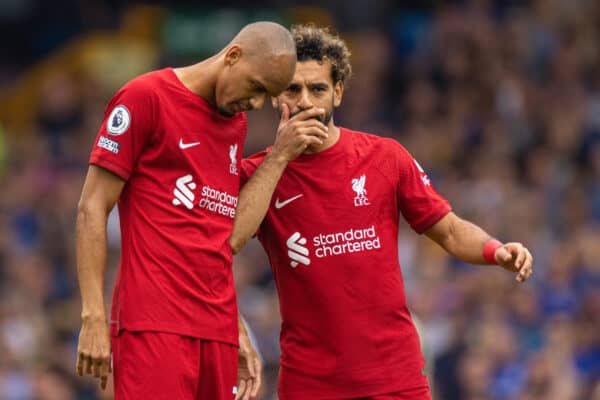 LIVERPOOL, ENGLAND - Saturday, September 3, 2022: Liverpool's Fabio Henrique Tavares 'Fabinho' (L) and Mohamed Salah during the FA Premier League match between Everton FC and Liverpool FC, the 241st Merseyside Derby, at Goodison Park. (Pic by David Rawcliffe/Propaganda)