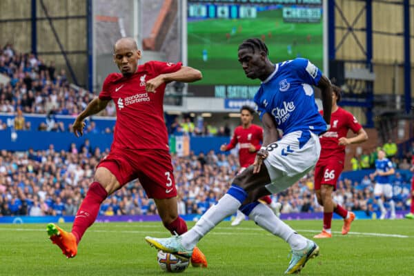 LIVERPOOL, ENGLAND - Saturday, September 3, 2022: Everton's Amadou Onana (R) and Liverpool's Fabio Henrique Tavares 'Fabinho' during the FA Premier League match between Everton FC and Liverpool FC, the 241st Merseyside Derby, at Goodison Park. (Pic by David Rawcliffe/Propaganda)