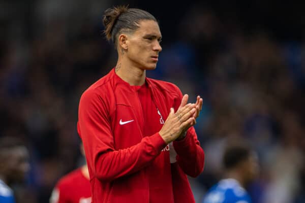 LIVERPOOL, ENGLAND - Saturday, September 3, 2022: Liverpool's Darwin Núñez applauds the supporters after the FA Premier League match between Everton FC and Liverpool FC, the 241st Merseyside Derby, at Goodison Park. (Pic by David Rawcliffe/Propaganda)