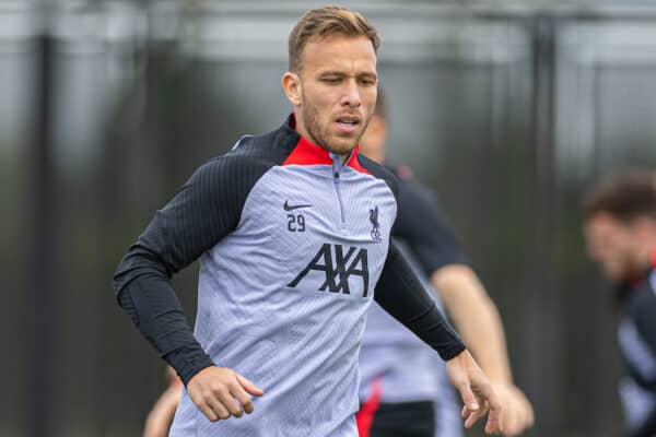 LIVERPOOL, ENGLAND - Tuesday, September 6, 2022: Liverpool's Arthur Melo during a training session at the AXA Training Centre ahead of the UEFA Champions League Group A matchday 1 game between SSC Napoli and Liverpool FC. (Pic by David Rawcliffe/Propaganda)