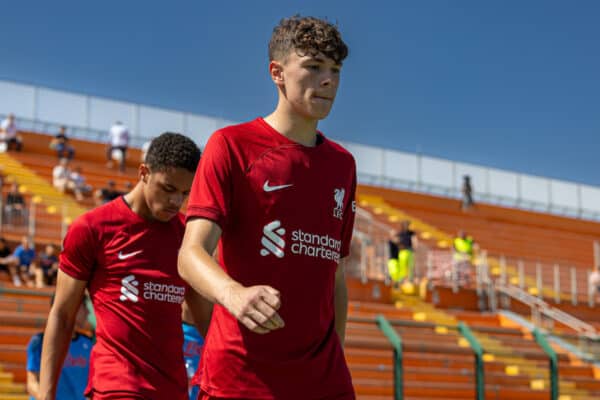 NAPLES, ITALY - Wednesday, September 7, 2022: Liverpool's Luke Chambers walks out with his side out before the UEFA Youth League Group A Matchday 1 game between SSC Napoli Under-19's and Liverpool FC Under-19's at Giuseppe Piccolo. (Pic by David Rawcliffe/Propaganda)