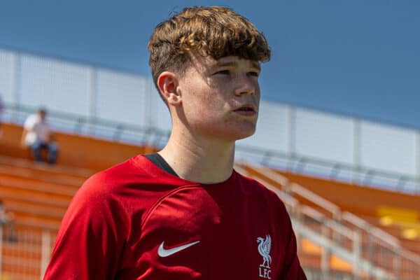 NAPLES, ITALY - Wednesday, September 7, 2022: Liverpool's James McConnell walks out with his side out before the UEFA Youth League Group A Matchday 1 game between SSC Napoli Under-19's and Liverpool FC Under-19's at Giuseppe Piccolo. (Pic by David Rawcliffe/Propaganda)