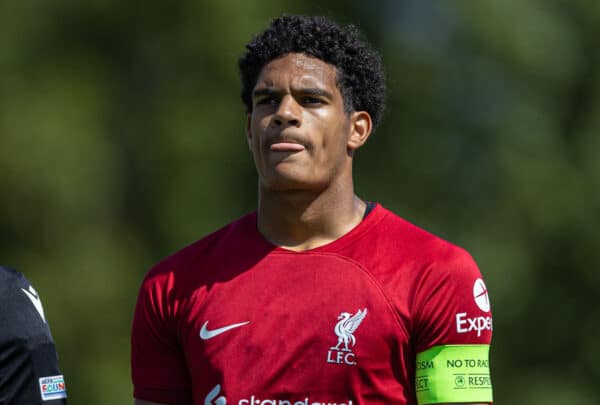 NAPLES, ITALY - Wednesday, September 7, 2022: Liverpool's captain Jarell Quansah lines-up before the UEFA Youth League Group A Matchday 1 game between SSC Napoli Under-19's and Liverpool FC Under-19's at Giuseppe Piccolo. (Pic by David Rawcliffe/Propaganda)