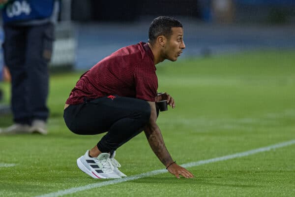 NAPLES, ITALY - Wednesday, September 7, 2022: Liverpool's Thiago Alcântara feels the pitch before the UEFA Champions League Group A matchday 1 game between SSC Napoli and Liverpool FC at the Stadio Diego Armando Maradona. (Pic by David Rawcliffe/Propaganda)