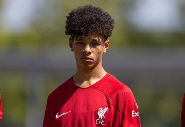 NAPLES, ITALY - Wednesday, September 7, 2022: Liverpool's Trent Kone-Doherty lines-up before the UEFA Youth League Group A Matchday 1 game between SSC Napoli Under-19's and Liverpool FC Under-19's at Giuseppe Piccolo. (Pic by David Rawcliffe/Propaganda)