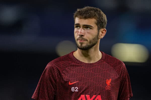 NAPLES, ITALY - Wednesday, September 7, 2022: Liverpool's goalkeeper Harvey Davies during the pre-match warm-up before the UEFA Champions League Group A matchday 1 game between SSC Napoli and Liverpool FC at the Stadio Diego Armando Maradona. (Pic by David Rawcliffe/Propaganda)