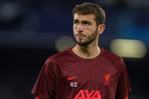 NAPLES, ITALY - Wednesday, September 7, 2022: Liverpool's goalkeeper Harvey Davies during the pre-match warm-up before the UEFA Champions League Group A matchday 1 game between SSC Napoli and Liverpool FC at the Stadio Diego Armando Maradona. (Pic by David Rawcliffe/Propaganda)