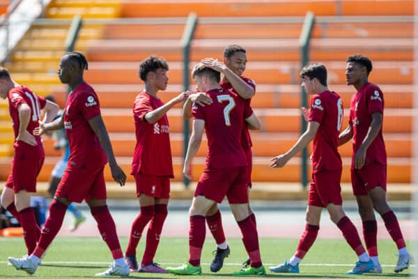 NAPLES, ITALY - Wednesday, September 7, 2022: Liverpool's Ben Doak (#7) celebrates after scoring the opening goal during the UEFA Youth League Group A Matchday 1 game between SSC Napoli Under-19's and Liverpool FC Under-19's at Giuseppe Piccolo. (Pic by David Rawcliffe/Propaganda)