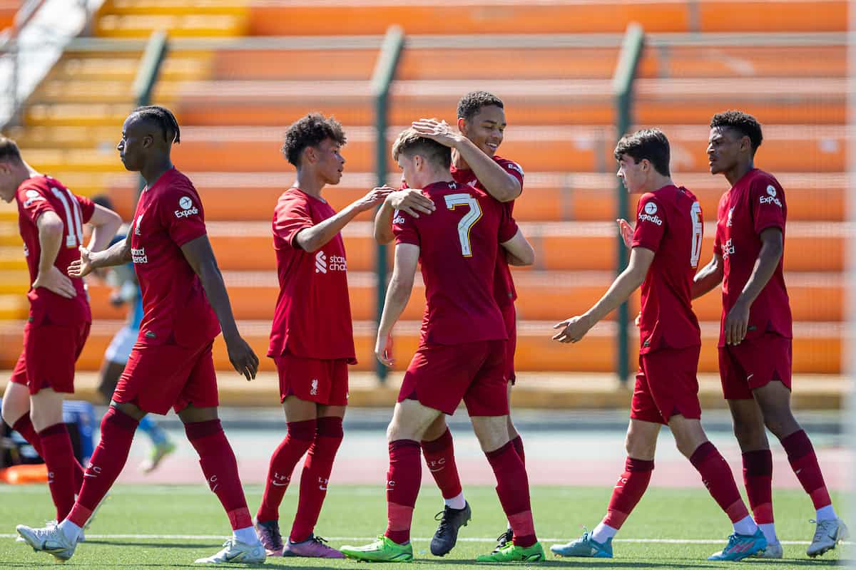 NAPLES, ITALY - Wednesday, September 7, 2022: Liverpool's Ben Doak (#7) celebrates after scoring the opening goal during the UEFA Youth League Group A Matchday 1 game between SSC Napoli Under-19's and Liverpool FC Under-19's at Giuseppe Piccolo. (Pic by David Rawcliffe/Propaganda)