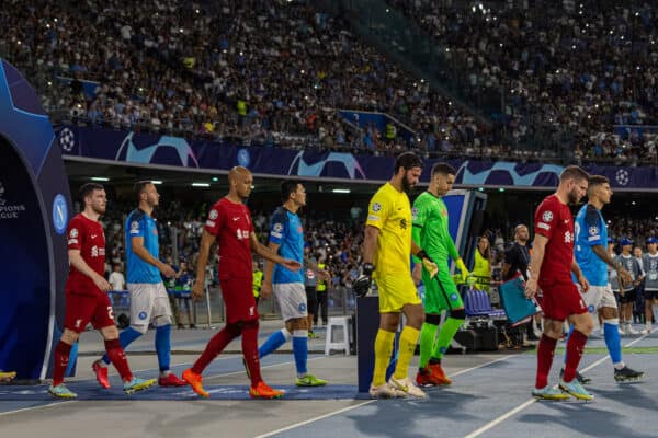 NAPLES, ITALY - Wednesday, September 7, 2022: Liverpool's captain James Milner and goalkeeper Alisson Becker walk out before the UEFA Champions League Group A matchday 1 game between SSC Napoli and Liverpool FC at the Stadio Diego Armando Maradona. Napoli won 4-1. (Pic by David Rawcliffe/Propaganda)