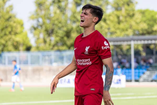 NAPLES, ITALY - Wednesday, September 7, 2022: Liverpool's Oakley Cannonier celebrates after scoring the winning second goal during the UEFA Youth League Group A Matchday 1 game between SSC Napoli Under-19's and Liverpool FC Under-19's at Giuseppe Piccolo. (Pic by David Rawcliffe/Propaganda)