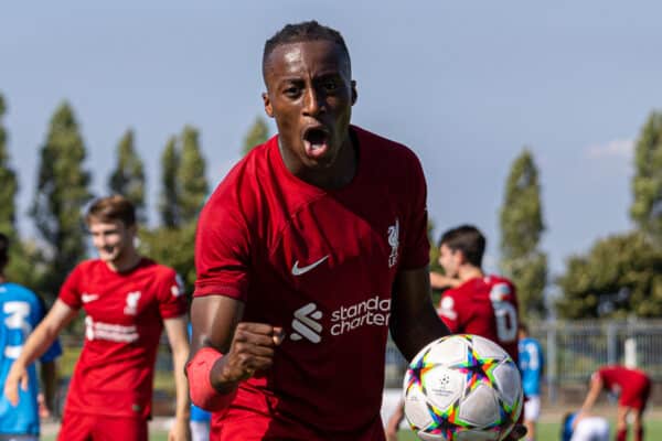 NAPLES, ITALY - Wednesday, September 7, 2022: Liverpool's Isaac Mabaya celebrates after the UEFA Youth League Group A Matchday 1 game between SSC Napoli Under-19's and Liverpool FC Under-19's at Giuseppe Piccolo. Liverpool won 2-1. (Pic by David Rawcliffe/Propaganda)