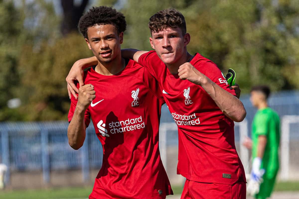 NAPLES, ITALY - Wednesday, September 7, 2022: Liverpool's Ranel Young (L) and Lewis Koumas celebrate after the UEFA Youth League Group A Matchday 1 game between SSC Napoli Under-19's and Liverpool FC Under-19's at Giuseppe Piccolo. Liverpool won 2-1. (Pic by David Rawcliffe/Propaganda)