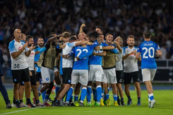 NAPLES, ITALY - Wednesday, September 7, 2022: SSC Napoli's André-Frank Zambo Anguissa (#99) celebrates after scoring the second goal during the UEFA Champions League Group A matchday 1 game between SSC Napoli and Liverpool FC at the Stadio Diego Armando Maradona. Napoli won 4-1. (Pic by David Rawcliffe/Propaganda)