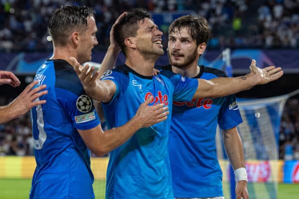 NAPLES, ITALY - Wednesday, September 7, 2022: SSC Napoli's Giovanni Simeone (C) celebrates after scoring the third goal during the UEFA Champions League Group A matchday 1 game between SSC Napoli and Liverpool FC at the Stadio Diego Armando Maradona. Napoli won 4-1. (Pic by David Rawcliffe/Propaganda)