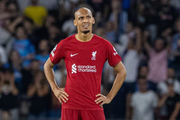 NAPLES, ITALY - Wednesday, September 7, 2022: Liverpool's Fabio Henrique Tavares 'Fabinho' looks dejected as his side conceded the fourth goal during the UEFA Champions League Group A matchday 1 game between SSC Napoli and Liverpool FC at the Stadio Diego Armando Maradona. Napoli won 4-1. (Pic by David Rawcliffe/Propaganda)