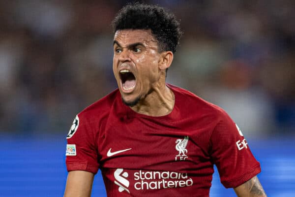 NAPLES, ITALY - Wednesday, September 7, 2022: Liverpool's Luis Díaz reacts after missing a chance during the UEFA Champions League Group A matchday 1 game between SSC Napoli and Liverpool FC at the Stadio Diego Armando Maradona. Napoli won 4-1. (Pic by David Rawcliffe/Propaganda)