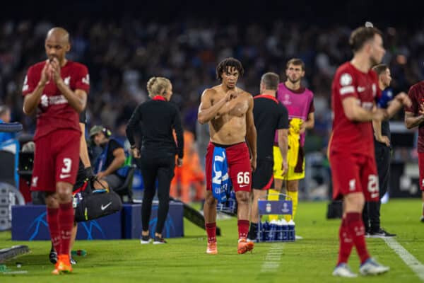 NAPLES, ITALY - Wednesday, September 7, 2022: Liverpool's Trent Alexander-Arnold looks dejected after the UEFA Champions League Group A matchday 1 game between SSC Napoli and Liverpool FC at the Stadio Diego Armando Maradona. Napoli won 4-1. (Pic by David Rawcliffe/Propaganda)