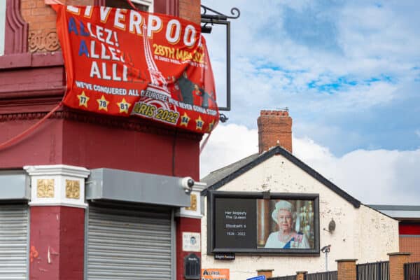 LIVERPOOL, ENGLAND - Saturday, September 10, 2022: A tribute is displayed on an advertising board next to Anfield, home of Liverpool Football Club, following the death of Queen Elizabeth II on Thursday. (Pic by David Rawcliffe/Propaganda)