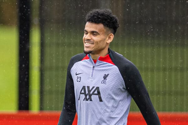 LIVERPOOL, ENGLAND - Tuesday, March 14, 2023: Liverpool's Luis Diaz trains on his own during training session at the AXA Training Centre ahead of the UEFA Champions League Round of 16 2nd Leg game between Liverpool FC and Real Madrid CF. (Pic by Jessica Hornby/Propaganda)