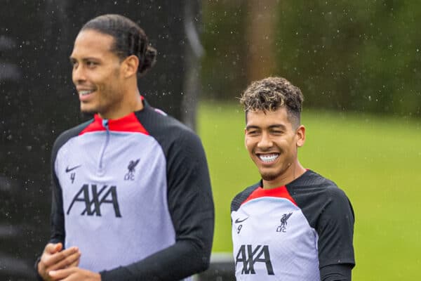 LIVERPOOL, ENGLAND - Monday, September 12, 2022: Liverpool's Mohamed Salah, Virgil van Dijk, Roberto Firmino and Luis Díaz during a training session at the AXA Training Centre ahead of the UEFA Champions League Group A matchday 2 game between Liverpool FC and AFC Ajax. (Pic by David Rawcliffe/Propaganda)