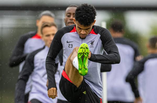 LIVERPOOL, ENGLAND - Monday, September 12, 2022: Liverpool's Luis Díaz during a training session at the AXA Training Centre ahead of the UEFA Champions League Group A matchday 2 game between Liverpool FC and AFC Ajax. (Pic by David Rawcliffe/Propaganda)