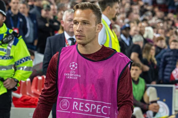 LIVERPOOL, ENGLAND - Tuesday, September 13, 2022: Liverpool's substitute Arthur Melo before the UEFA Champions League Group A matchday 2 game between Liverpool FC and AFC Ajax at Anfield. (Pic by David Rawcliffe/Propaganda)