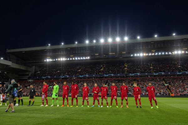 LIVERPOOL, ENGLAND - Tuesday, September 13, 2022: Liverpool players line-up before the UEFA Champions League Group A matchday 2 game between Liverpool FC and AFC Ajax at Anfield. (Pic by David Rawcliffe/Propaganda)