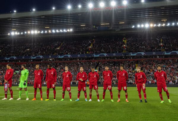 LIVERPOOL, ENGLAND - Tuesday, September 13, 2022: Liverpool players line-up before the UEFA Champions League Group A matchday 2 game between Liverpool FC and AFC Ajax at Anfield. (Pic by David Rawcliffe/Propaganda)