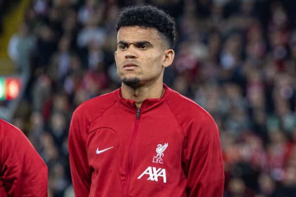 LIVERPOOL, ENGLAND - Tuesday, September 13, 2022: Liverpool's Luis Díaz and Trent Alexander-Arnold line-up before the UEFA Champions League Group A matchday 2 game between Liverpool FC and AFC Ajax at Anfield. (Pic by David Rawcliffe/Propaganda)