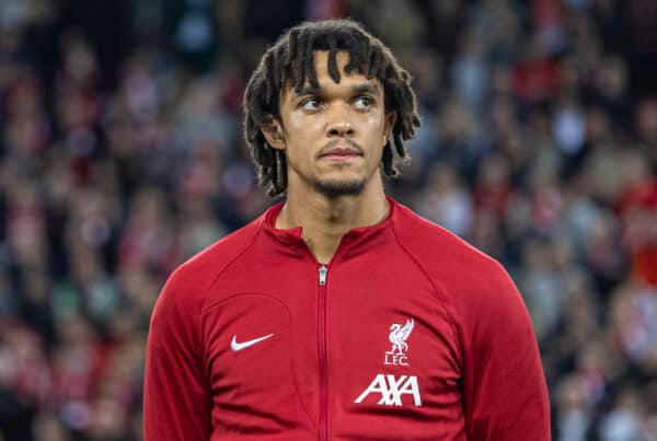 LIVERPOOL, ENGLAND - Tuesday, September 13, 2022: Liverpool's Luis Díaz and Trent Alexander-Arnold line-up before the UEFA Champions League Group A matchday 2 game between Liverpool FC and AFC Ajax at Anfield. (Pic by David Rawcliffe/Propaganda)